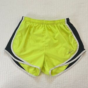 Nike Women’s Neon Yellow and Black Athletic Running Shorts with Silver Trim